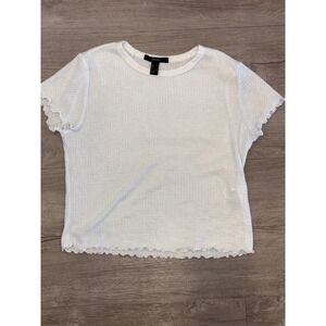 Forever 21 Cropped Top Womens Large White Waffle Knit Crew Neck Lettuce Trim